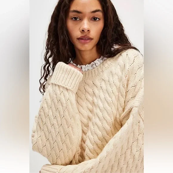 Free People For Love & Lemons Milana Sweater Dress Cable Knit Lace Cream Ivory - Picture 7 of 7